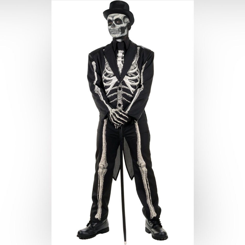 Skeleton Tuxedo 7 piece Costume set W/ Leather Top Hat /Walk Stick /Adult Unisex
